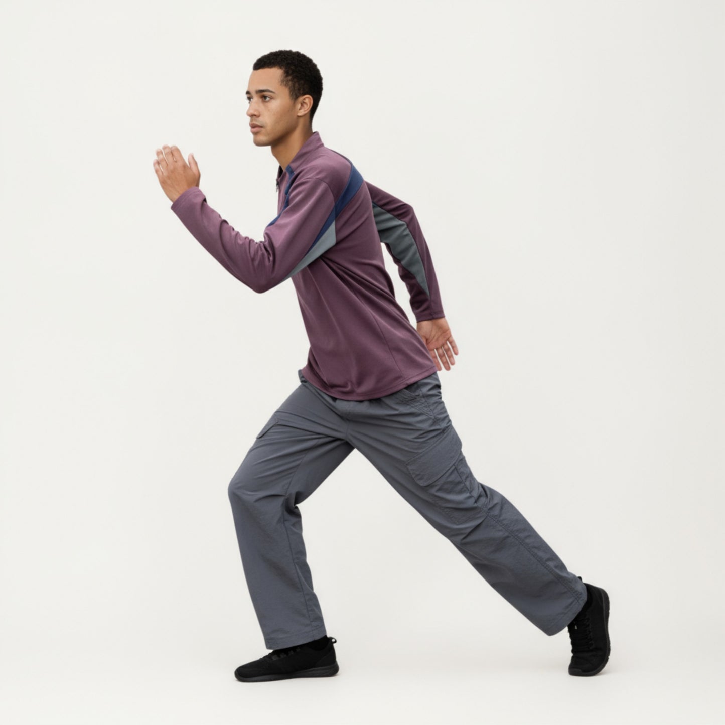 Men's Long Sleeve Quarter Zip Pullover with Contrast Shoulder Panels and Stand Collar