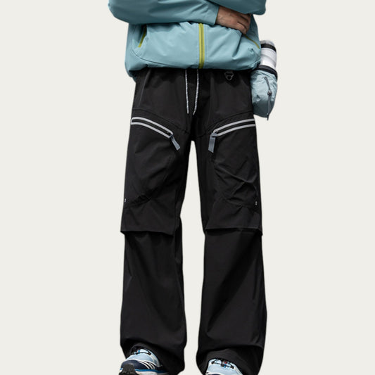 Men's Wide Leg Cargo Pants with Zippered Pockets and Adjustable Drawstring Waist