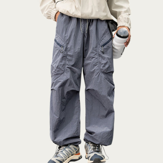 Men's Textured Wide Leg Cargo Pants with Zipper Pockets and Adjustable Drawstring Waist