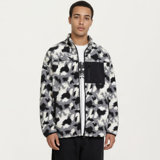 Men's Full Zip Fleece Jacket with Stand Collar and Utility Chest Pocket