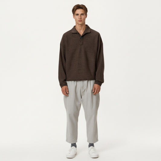 Men's Ribbed Long Sleeve Polo Sweater with Relaxed Fit and Soft Knit Texture
