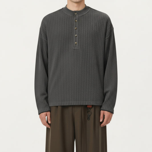 Men's Long Sleeve Ribbed Knit Henley Pullover with Button Placket and Relaxed Fit