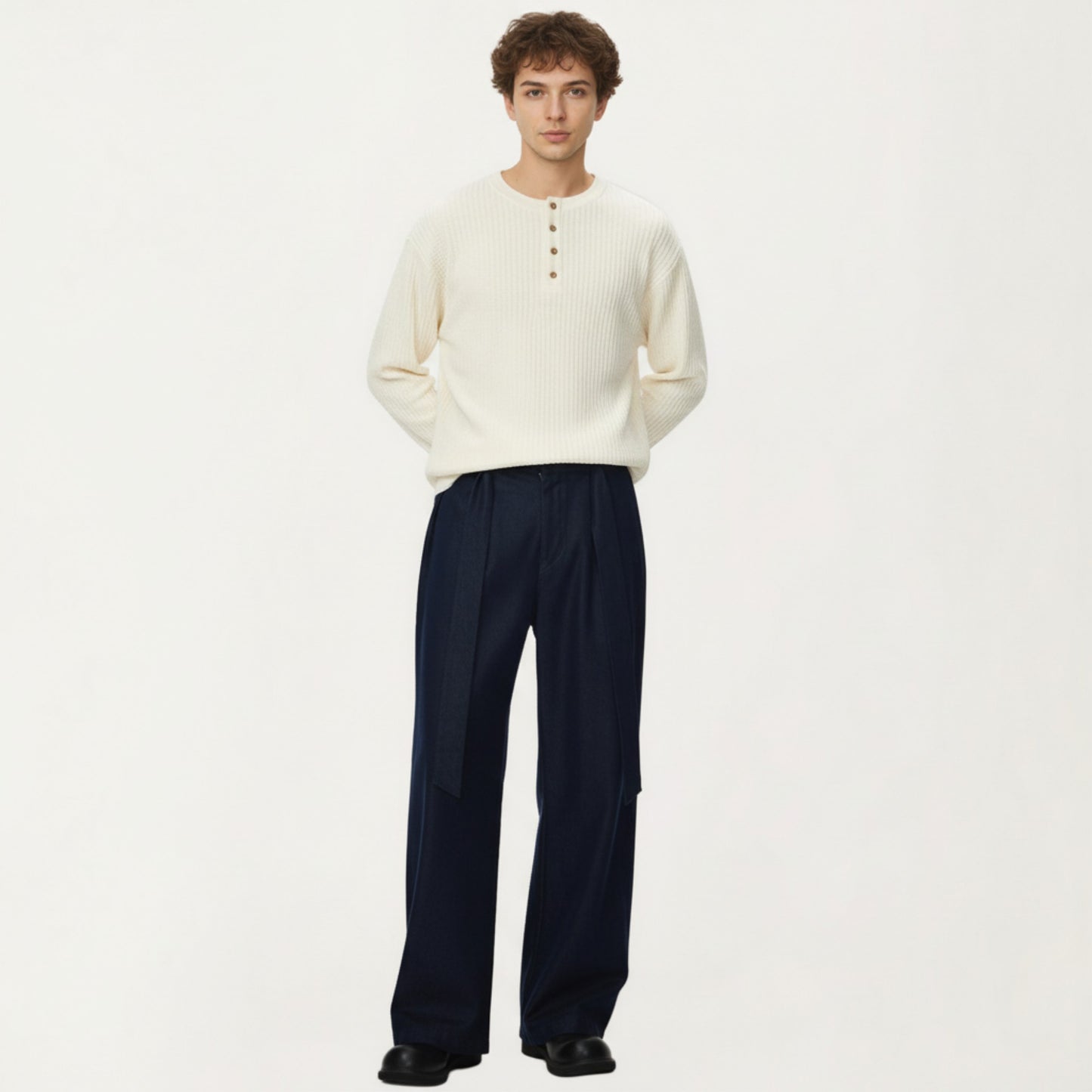 Men's Long Sleeve Ribbed Knit Henley Pullover with Button Placket and Relaxed Fit