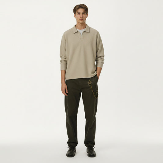 Men's Ribbed Long Sleeve Collared Pullover Top with Relaxed Fit
