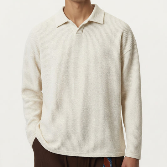Men's Ribbed Long Sleeve Collared Pullover Top with Relaxed Fit