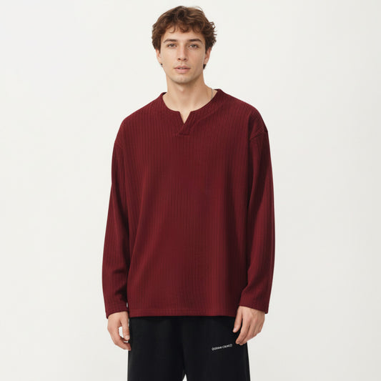 Men's Ribbed Long Sleeve Split Neck Top with Relaxed Fit