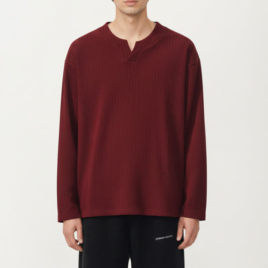 Men's Ribbed Long Sleeve Split Neck Top with Relaxed Fit