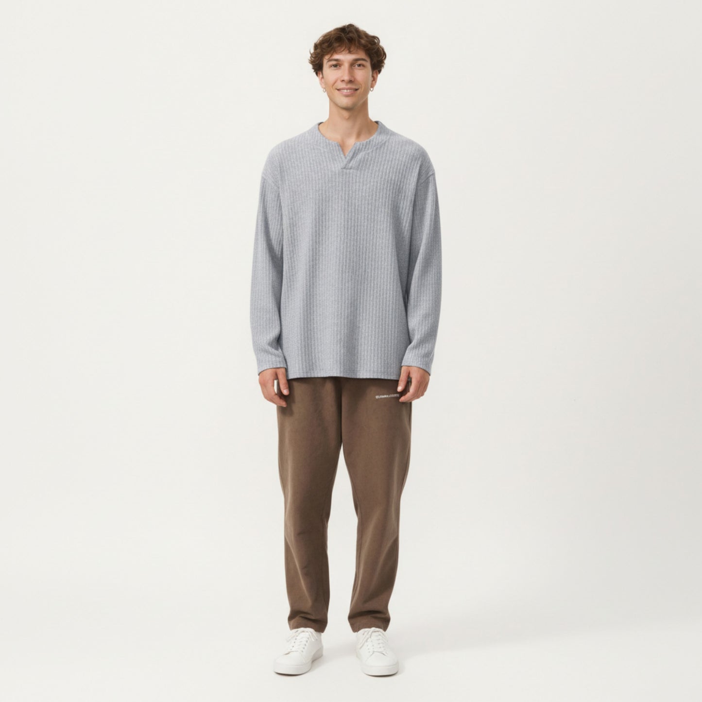 Men's Ribbed Long Sleeve Split Neck Top with Relaxed Fit