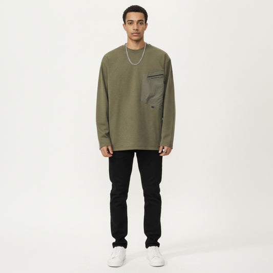 Men's Long Sleeve Crewneck Top with Utility Chest Pocket and Relaxed Fit