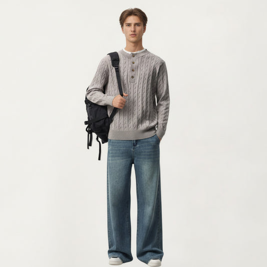 Men's Long Sleeve Cable Knit Henley Sweater with Button Placket and Ribbed Trim