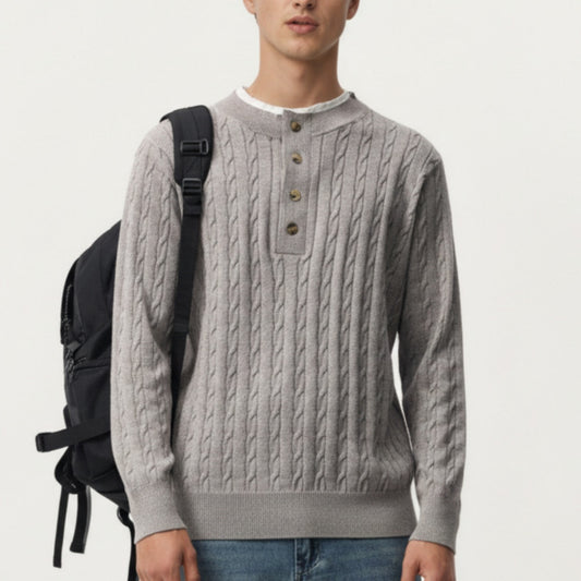 Men's Long Sleeve Cable Knit Henley Sweater with Button Placket and Ribbed Trim