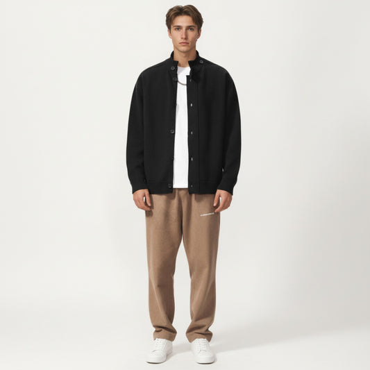 Men's Long Sleeve Button Front Knit Sweater Jacket with Mock Neck Collar and Ribbed Trim