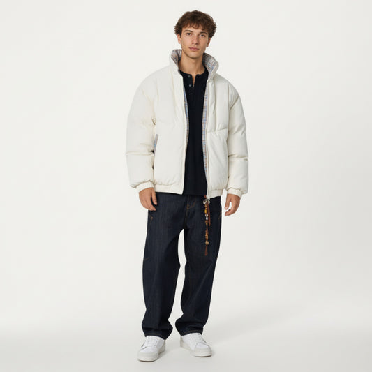 Men's Quilted Puffer Jacket with Plaid Lined Stand Collar and Elastic Hem