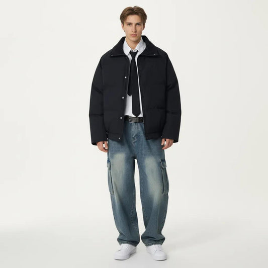 Men's Quilted Puffer Jacket with Stand Collar Snap Front and Ribbed Hem