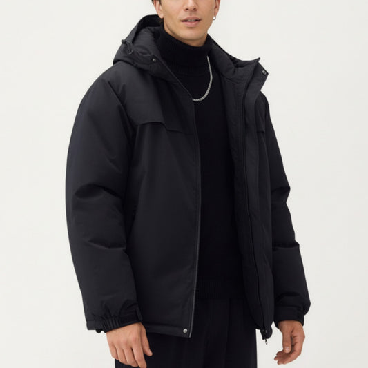 Men's Hooded Zip Front Jacket with Long Sleeves and Clean Panel Construction