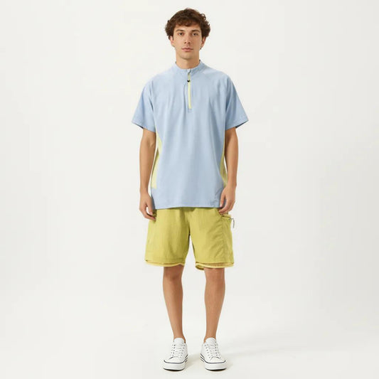 Men's Short Sleeve Athletic T-Shirt with Half Zip Mock Neck Contrast Panels Breathable Lightweight