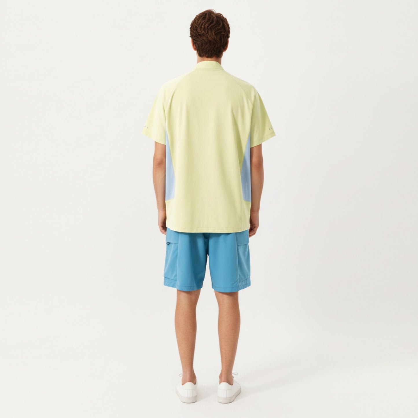 Men's Short Sleeve Athletic T-Shirt with Half Zip Mock Neck Contrast Panels Breathable Lightweight