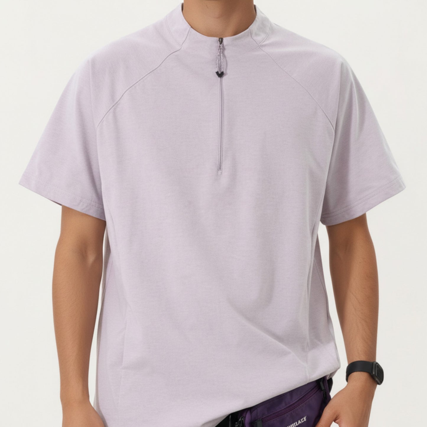 Men's Short Sleeve Athletic T-Shirt with Half Zip Mock Neck Lightweight Breathable Fabric