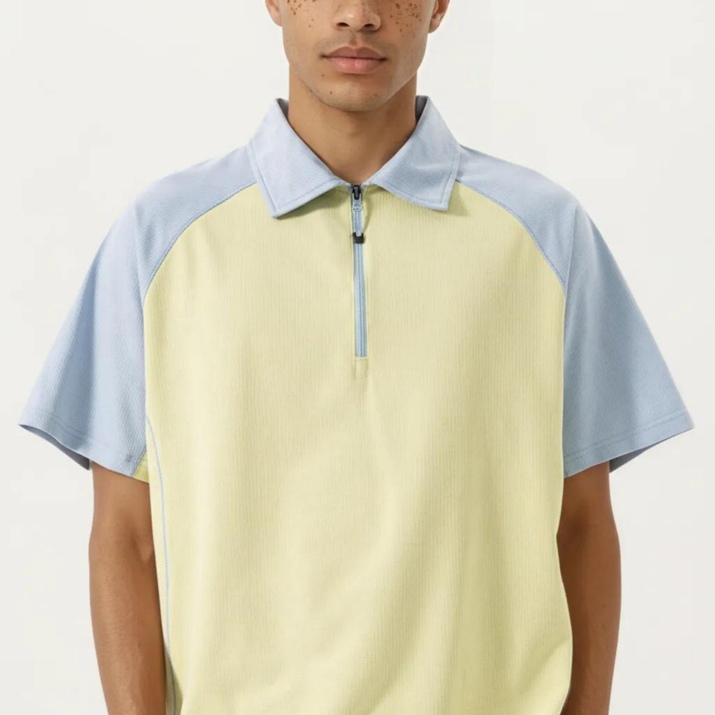 Men's Short Sleeve Athletic Polo Shirt with Zip Collar Colorblock Panel Design and Relaxed Fit Style