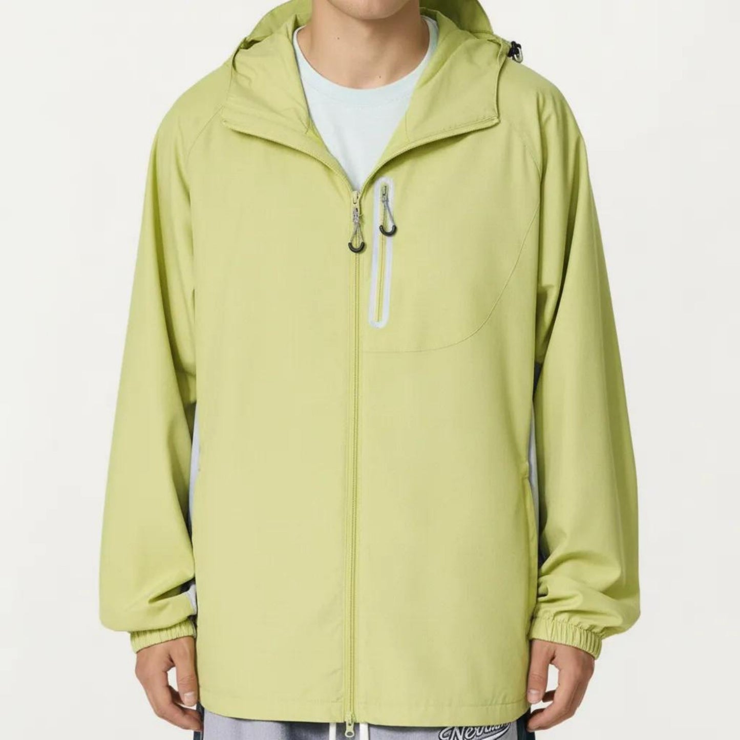 Men's Lightweight Windbreaker Jacket with Hood Full Zip Closure Panel Detail and Elastic Cuff Design