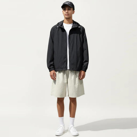 Men's Lightweight Hooded Windbreaker Jacket with Full Zip Closure Elastic Cuffs and Relaxed Fit
