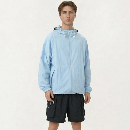 Men's Lightweight Hooded Windbreaker Jacket with Full Zip Closure Elastic Cuffs and Adjustable Hem