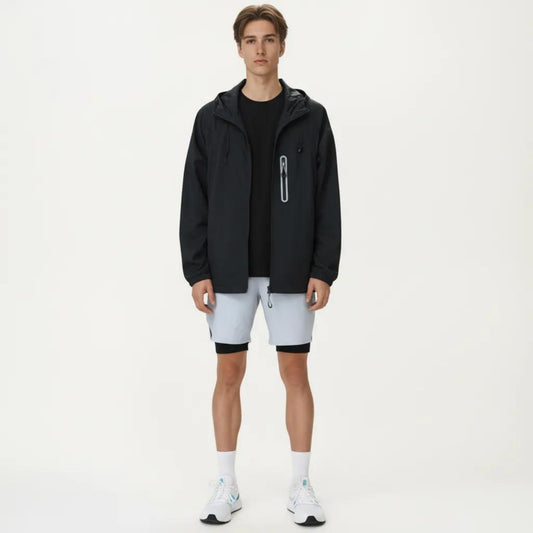 Men's Lightweight Windbreaker Jacket with Hood Full Zip Closure Drawstring Detail