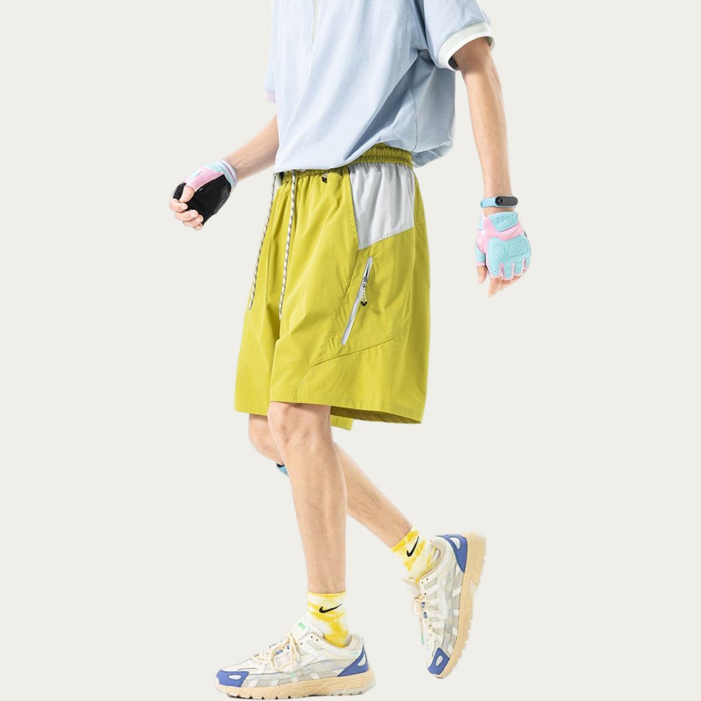 Men's Colorblock Athletic Shorts with Elastic Drawstring Waist Zipper Pocket Detail