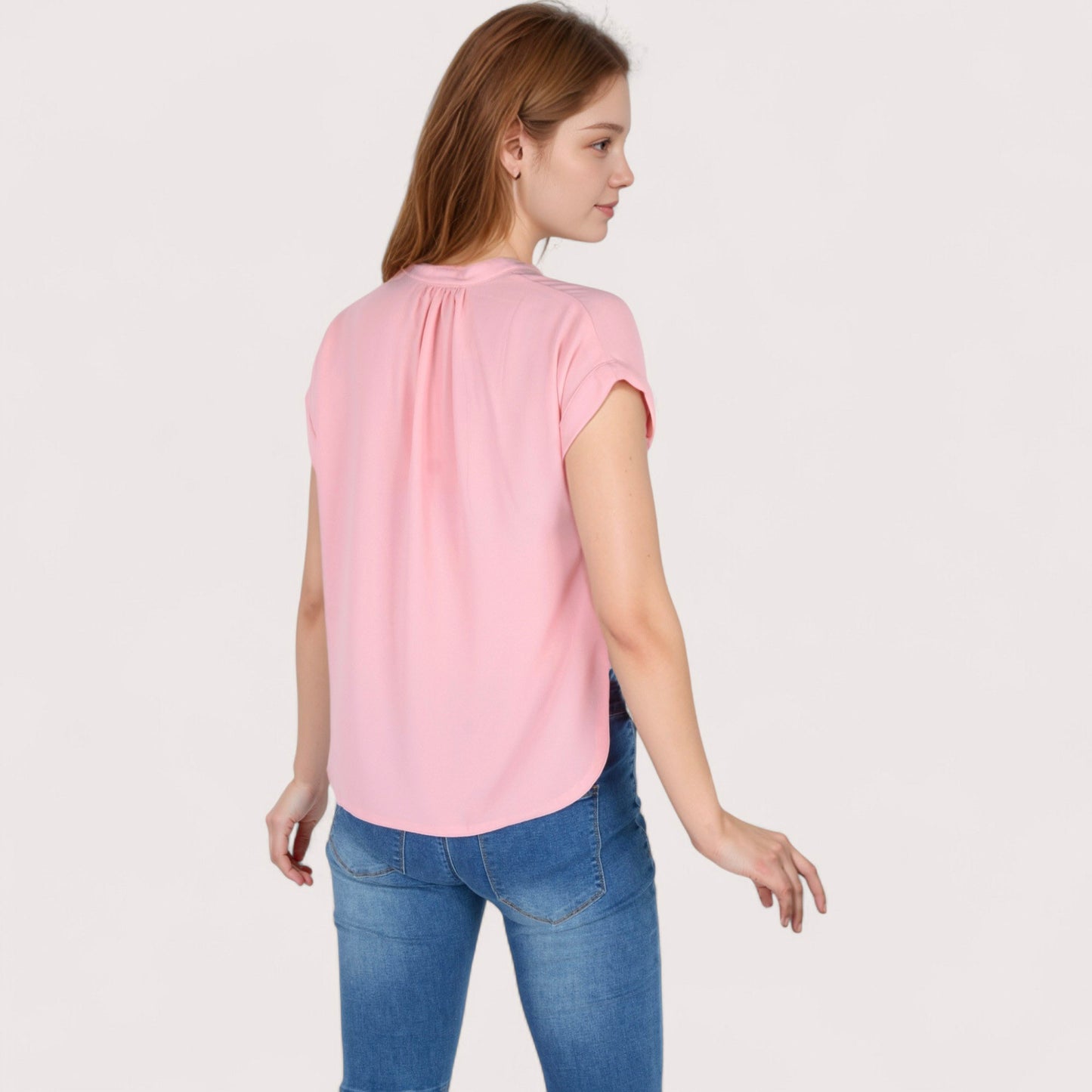 Women's V-Neck Short Sleeve Blouse with Rolled Cuffs and Soft Pleated Collar Detail - Small, Green