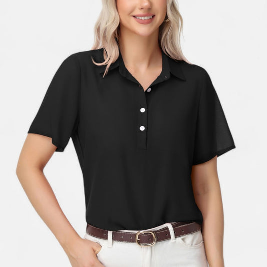 Short Sleeve Collared Blouse with Button Placket and Relaxed Fit Design