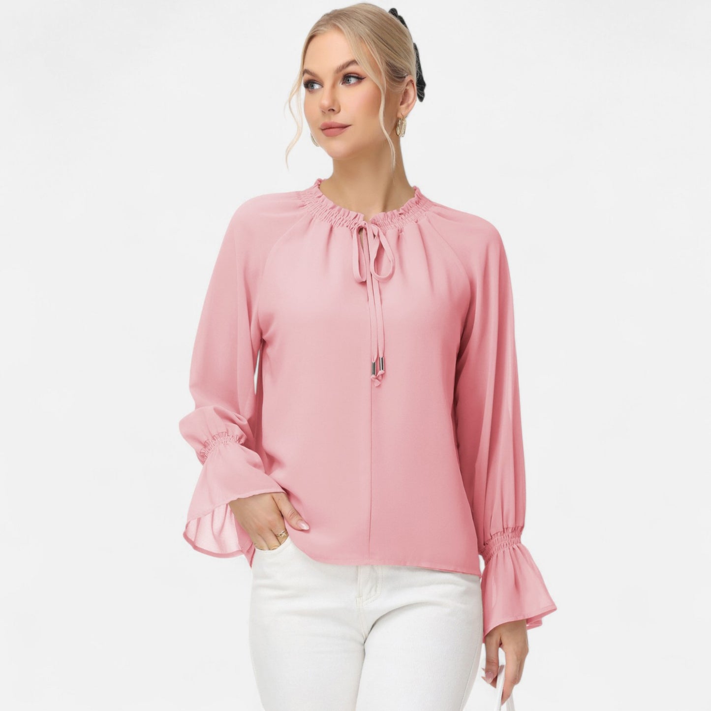 Long Sleeve Blouse with Flounce Cuffs and Ruffle Trim Tie Neck Design