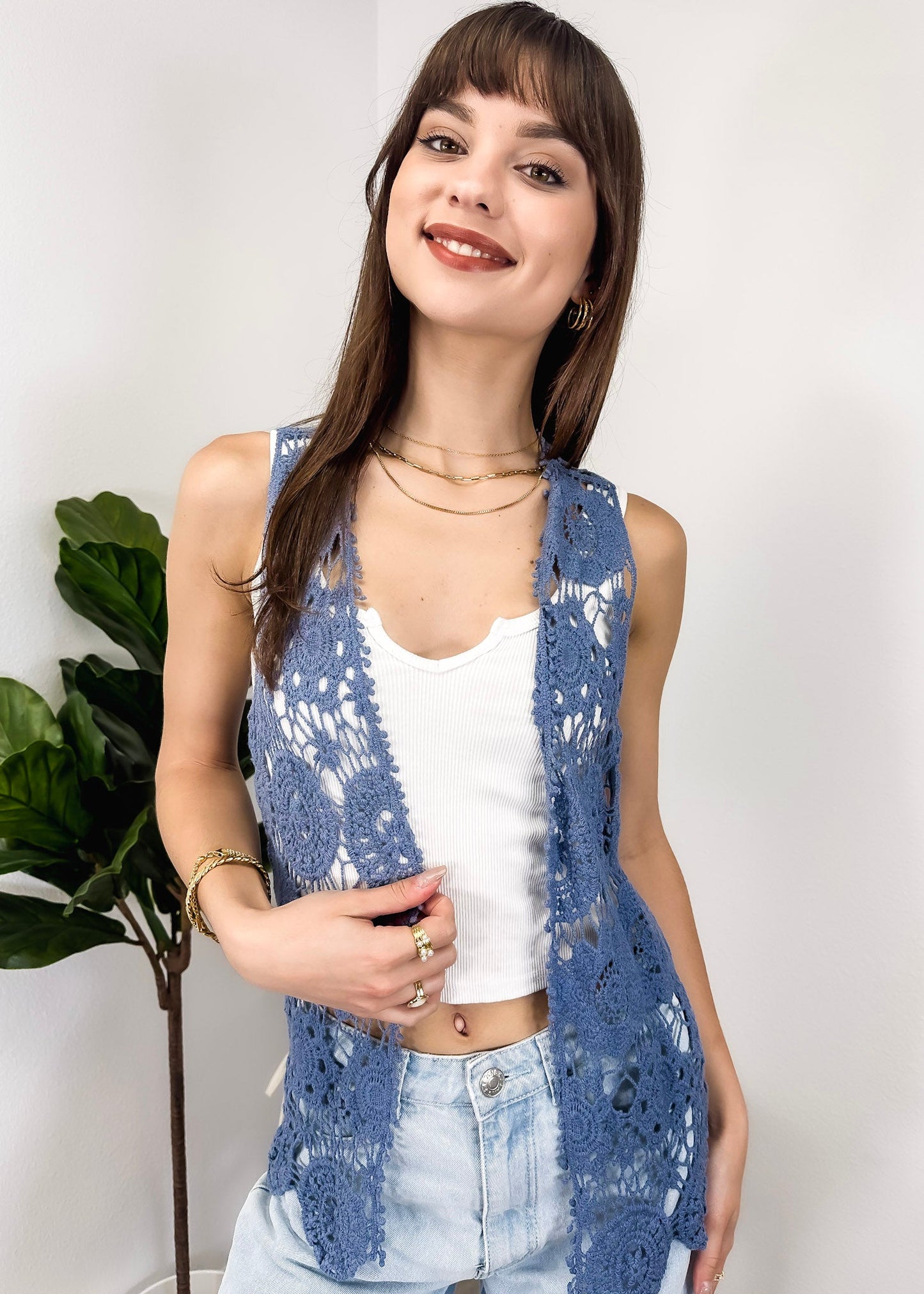 Floral Crochet Open Front Vest