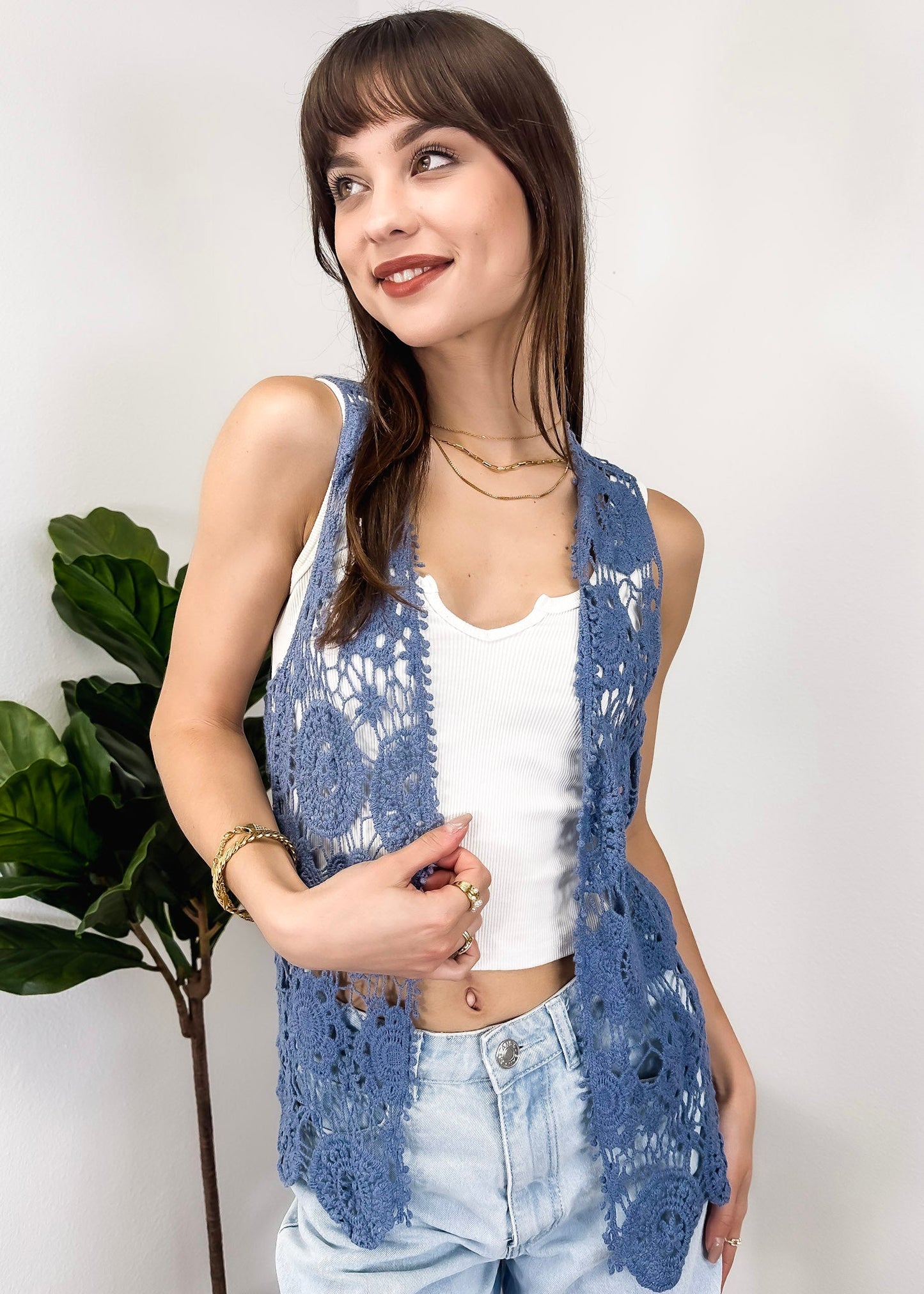 Floral Crochet Open Front Vest