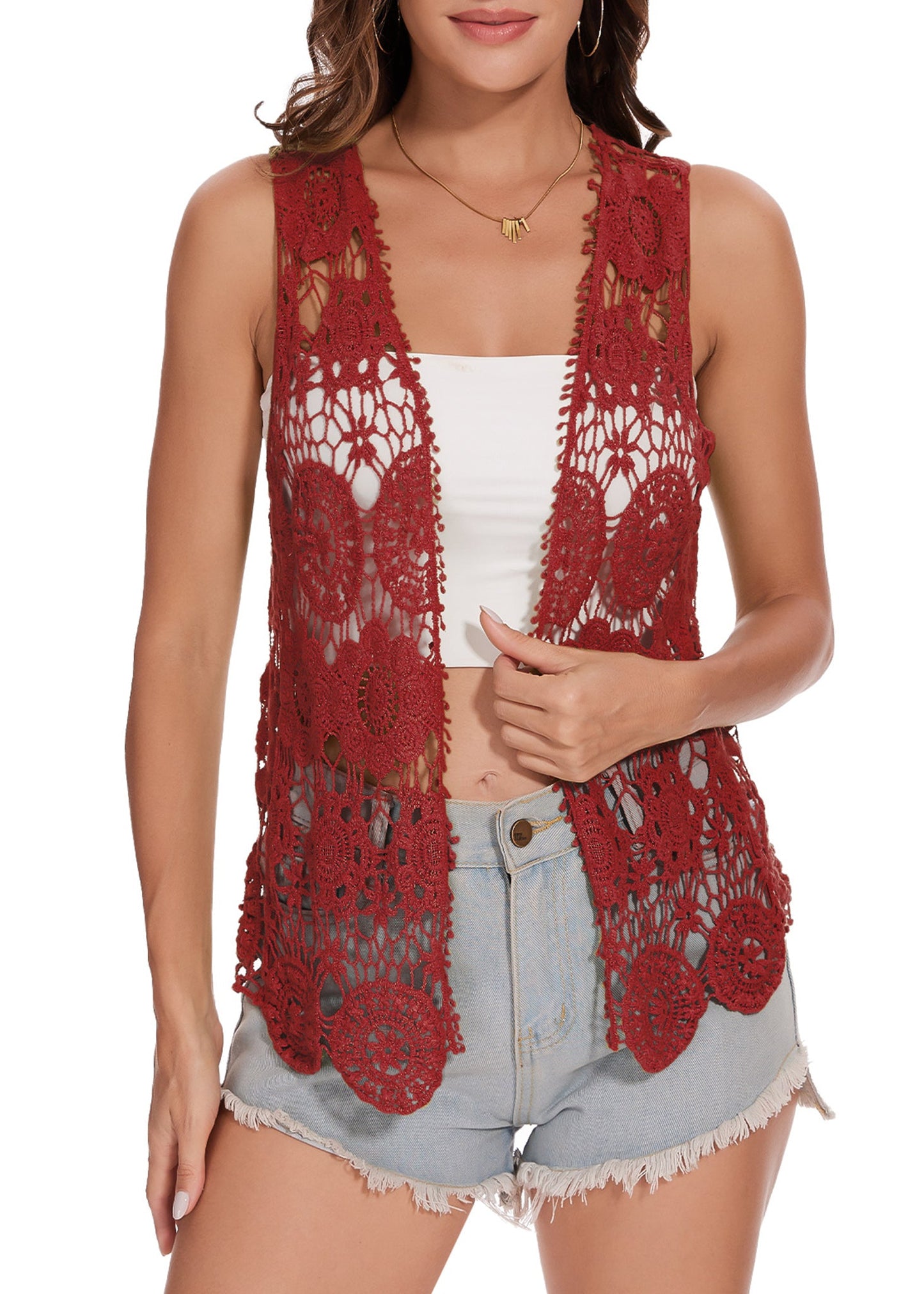 Floral Crochet Open Front Vest
