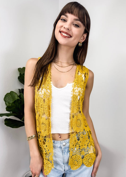 Floral Crochet Open Front Vest