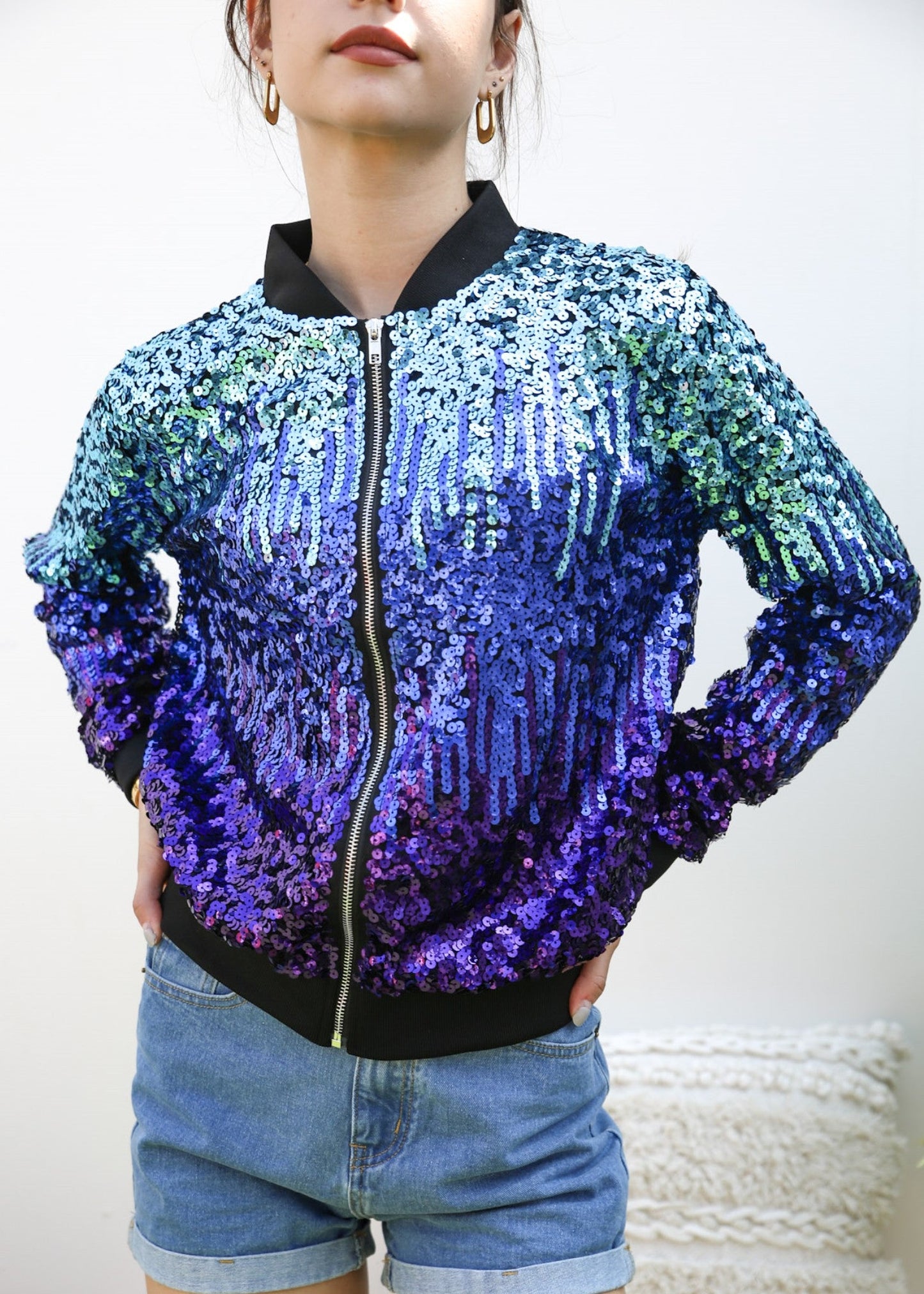 Striped Metallic Sequin Varsity Jacket