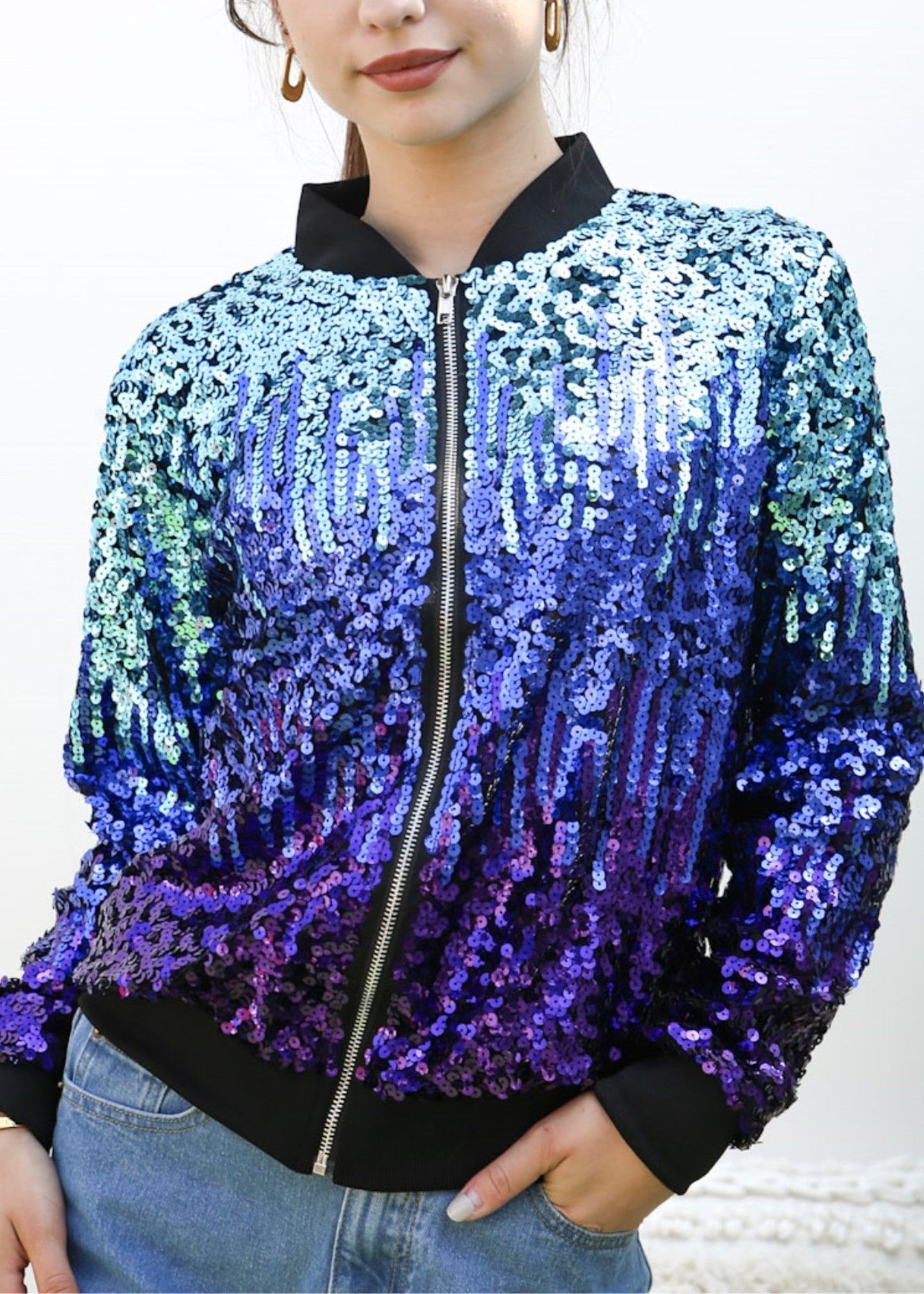 Striped Metallic Sequin Varsity Jacket