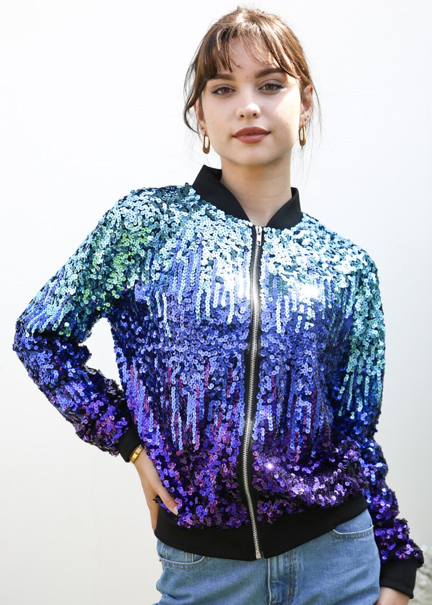 Striped Metallic Sequin Varsity Jacket