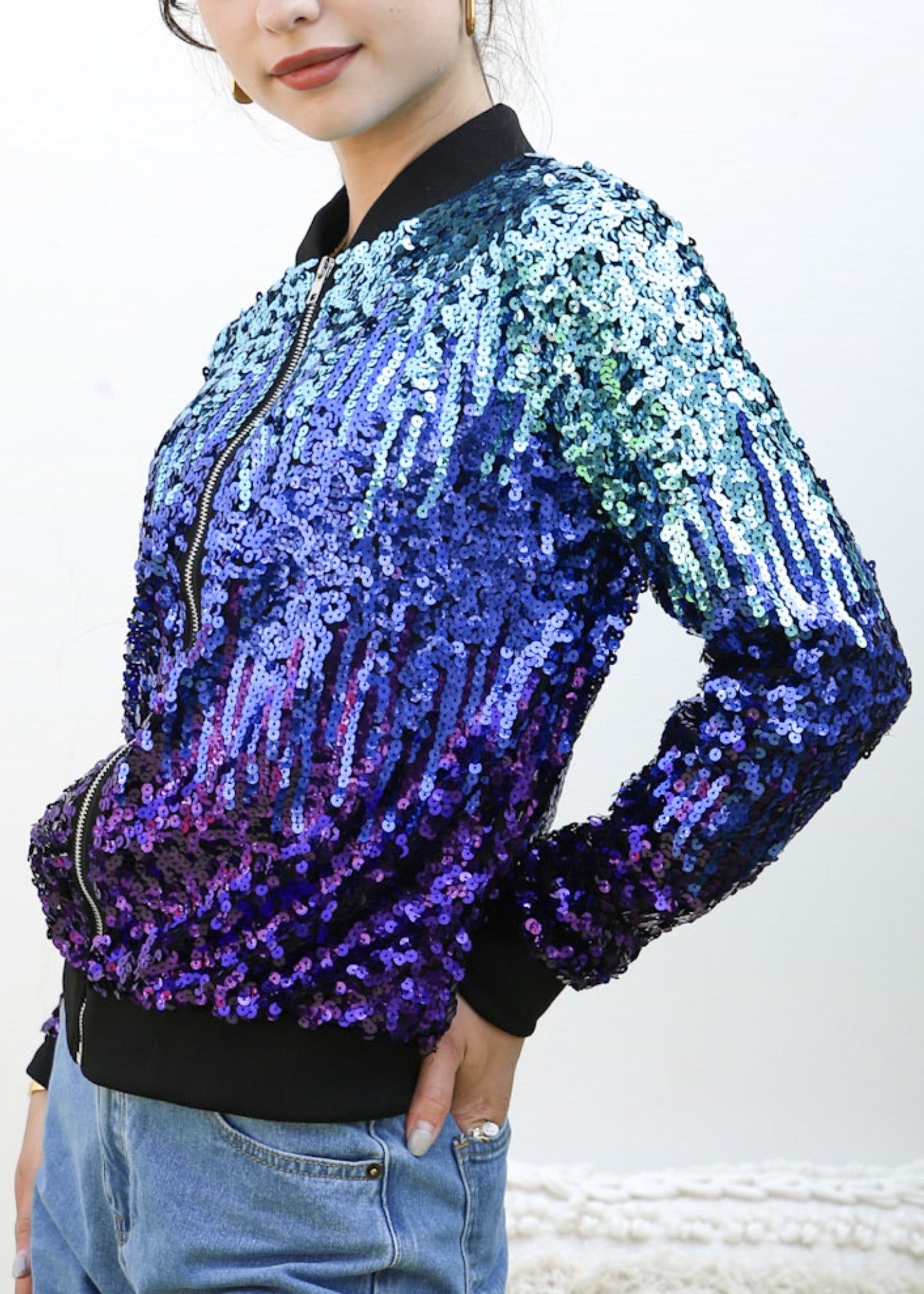 Striped Metallic Sequin Varsity Jacket