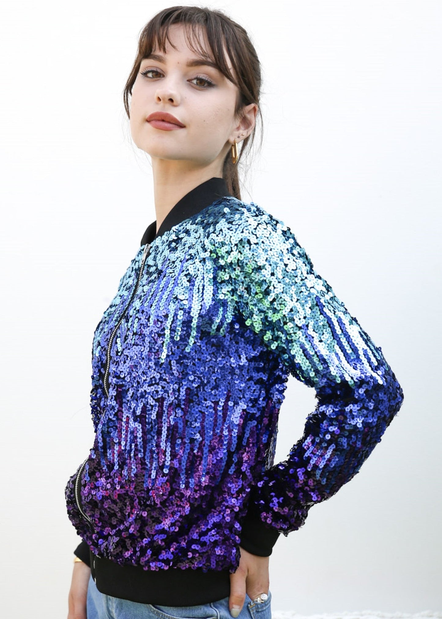 Striped Metallic Sequin Varsity Jacket