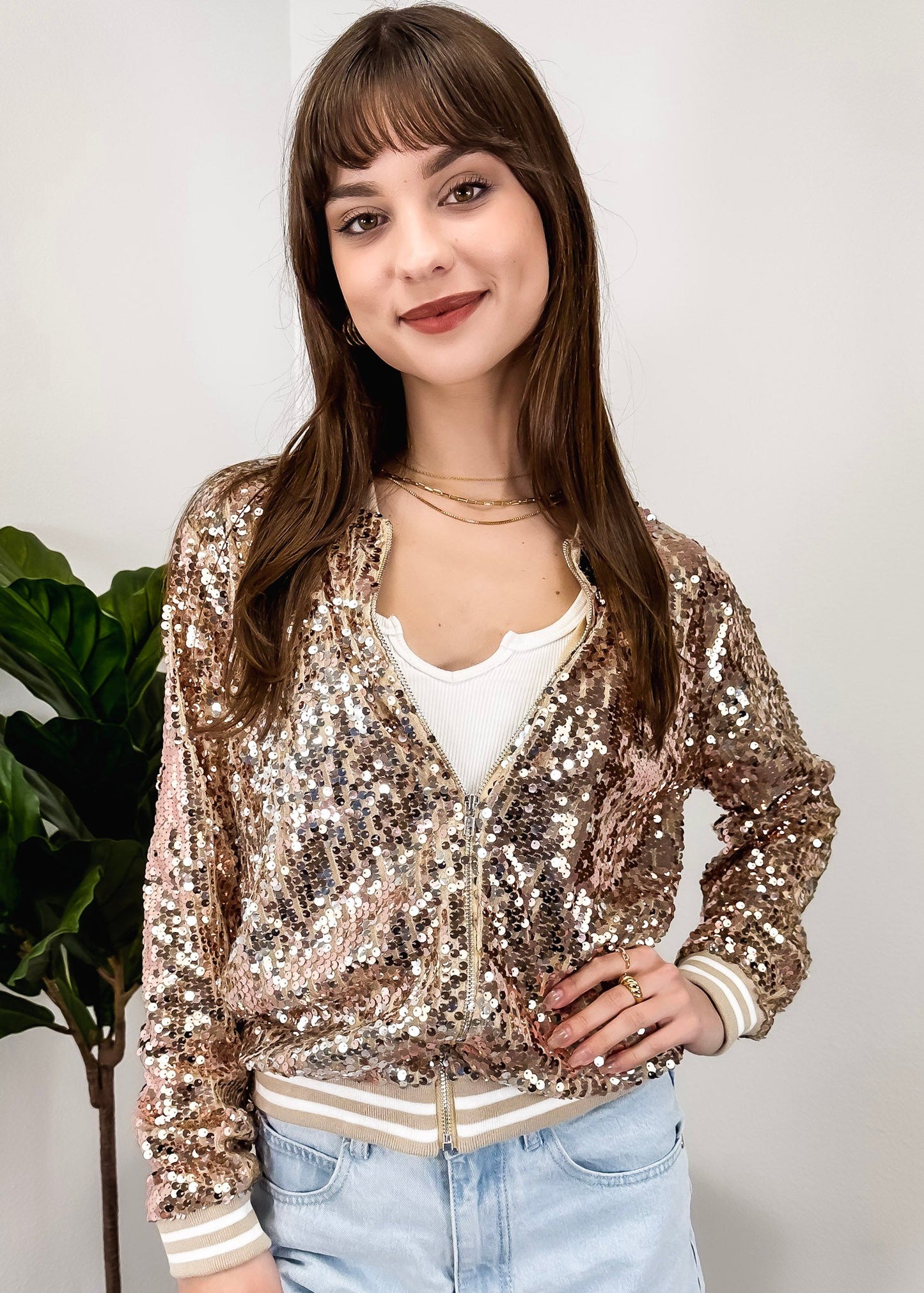 Striped Metallic Sequin Varsity Jacket