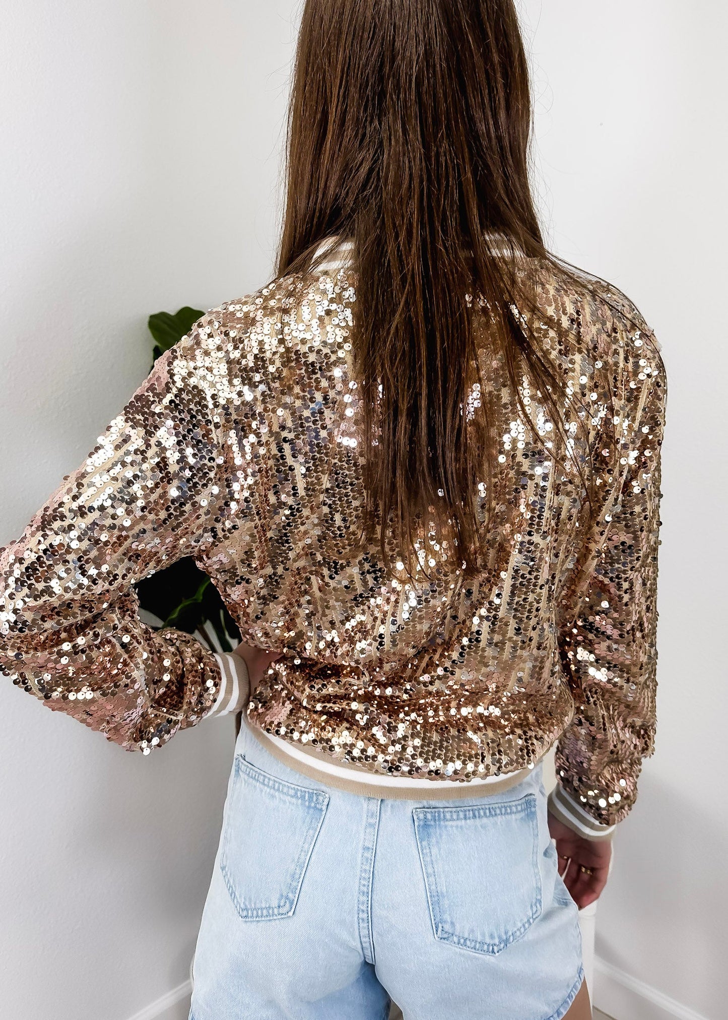 Striped Metallic Sequin Varsity Jacket