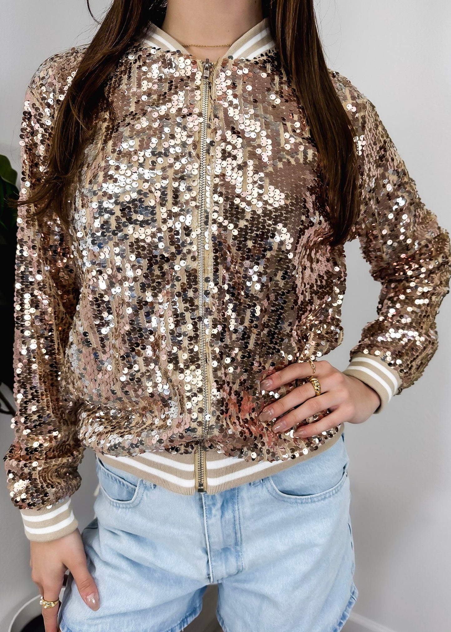 Striped Metallic Sequin Varsity Jacket