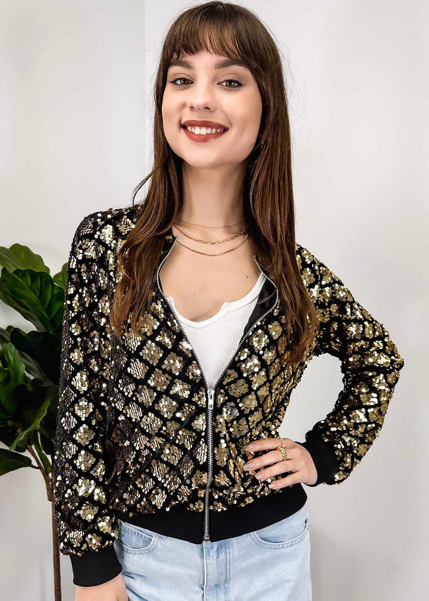 Striped Metallic Sequin Varsity Jacket