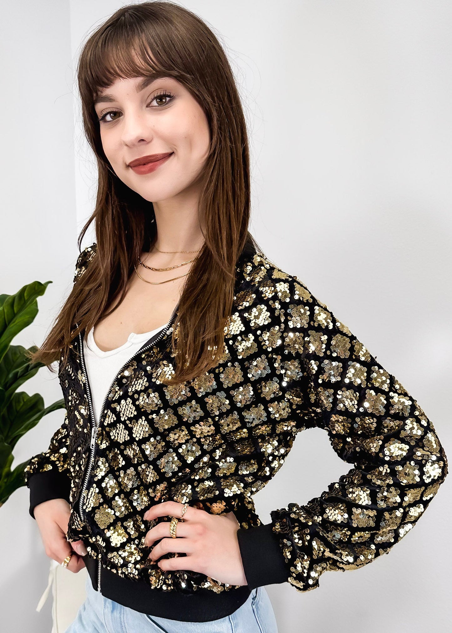 Striped Metallic Sequin Varsity Jacket