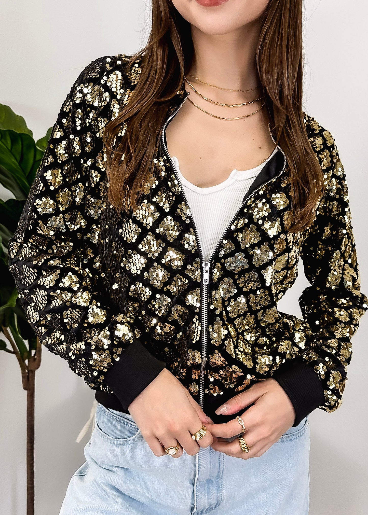 Striped Metallic Sequin Varsity Jacket