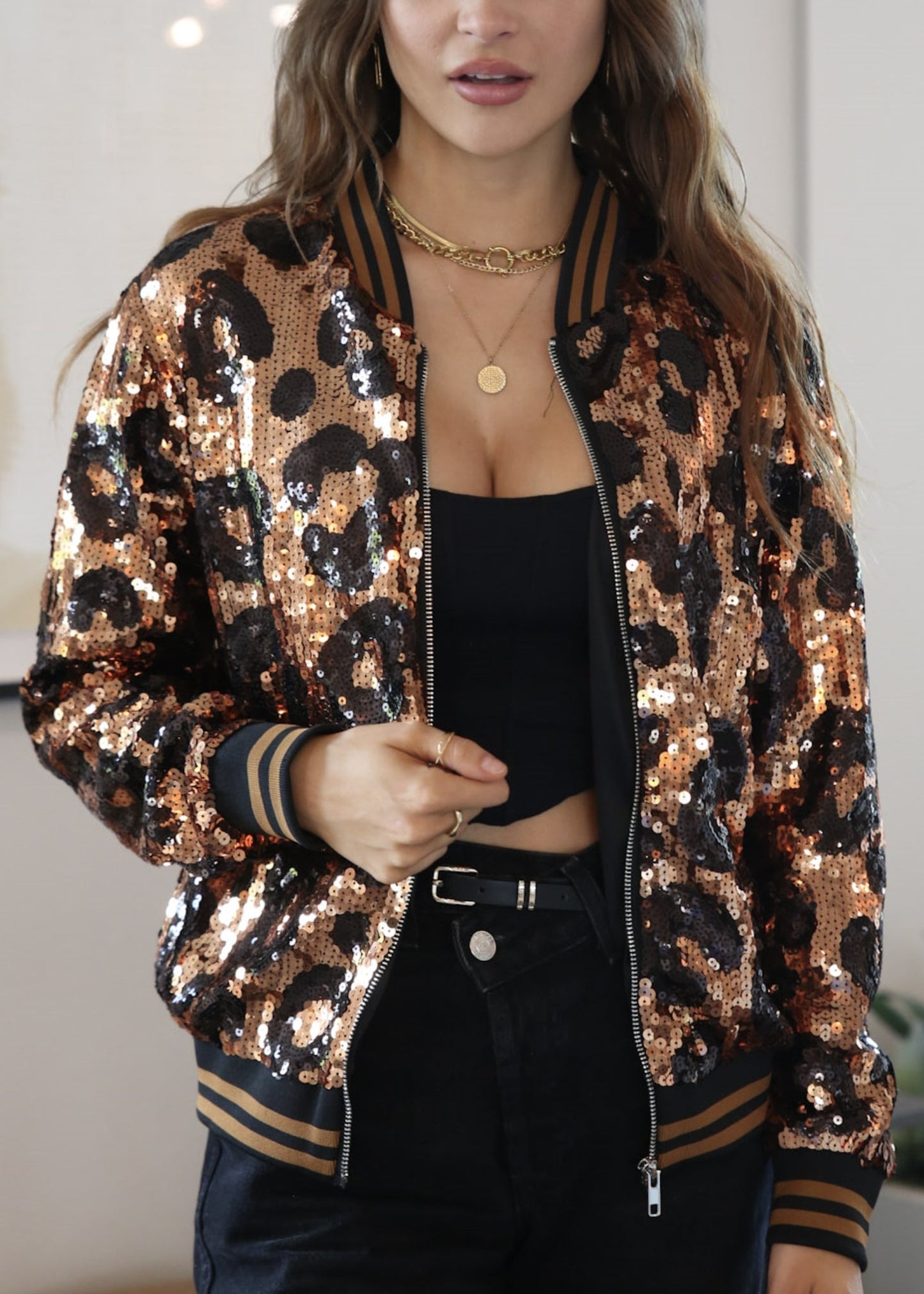 Striped Metallic Sequin Varsity Jacket
