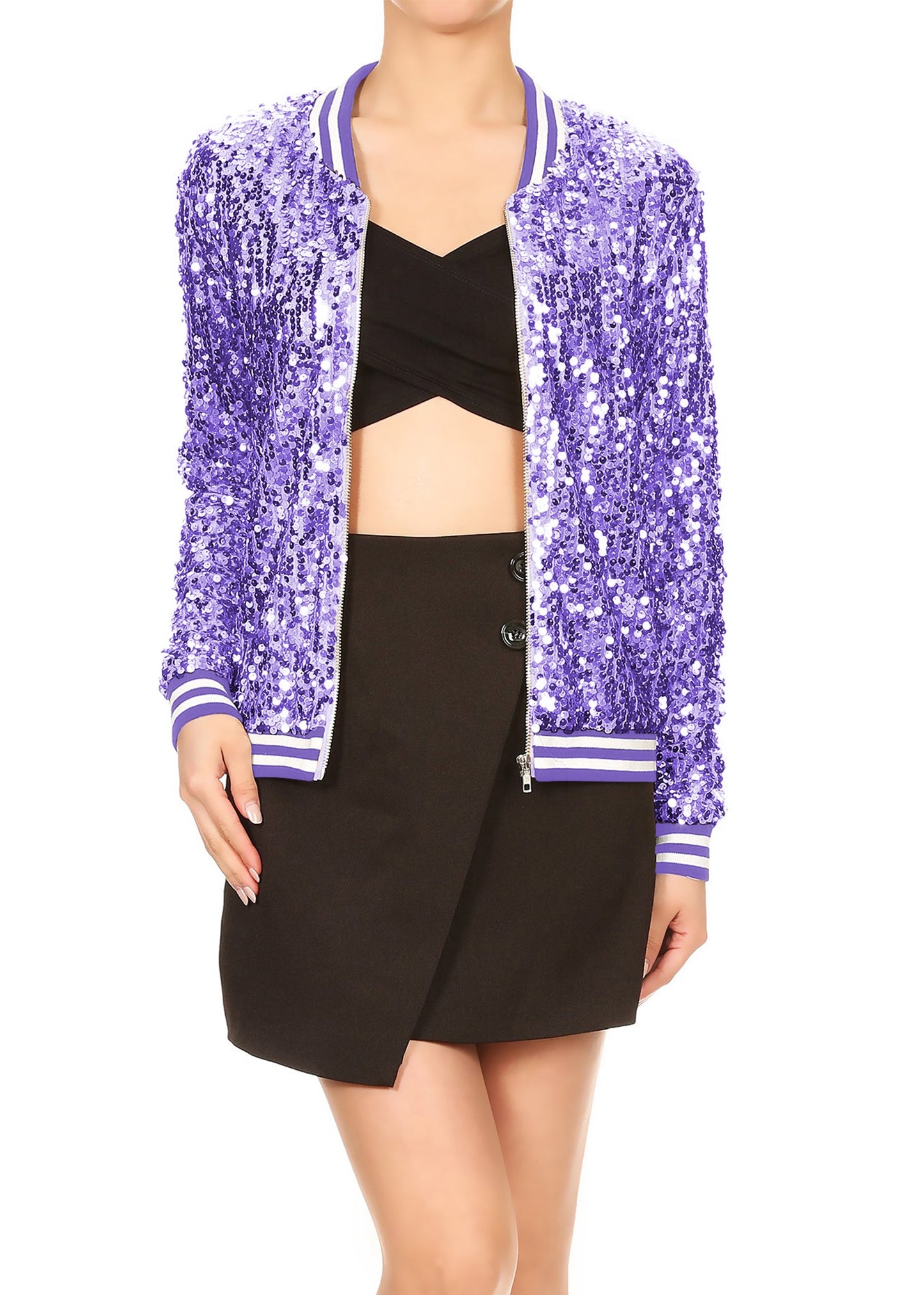 Striped Metallic Sequin Varsity Jacket