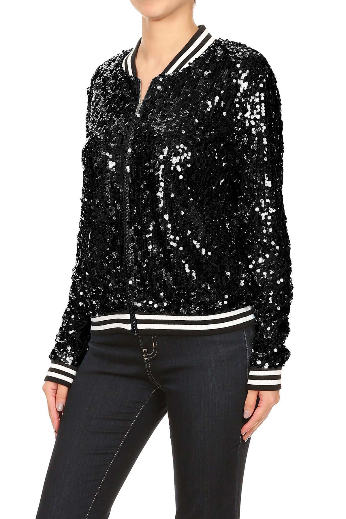 Striped Metallic Sequin Varsity Jacket