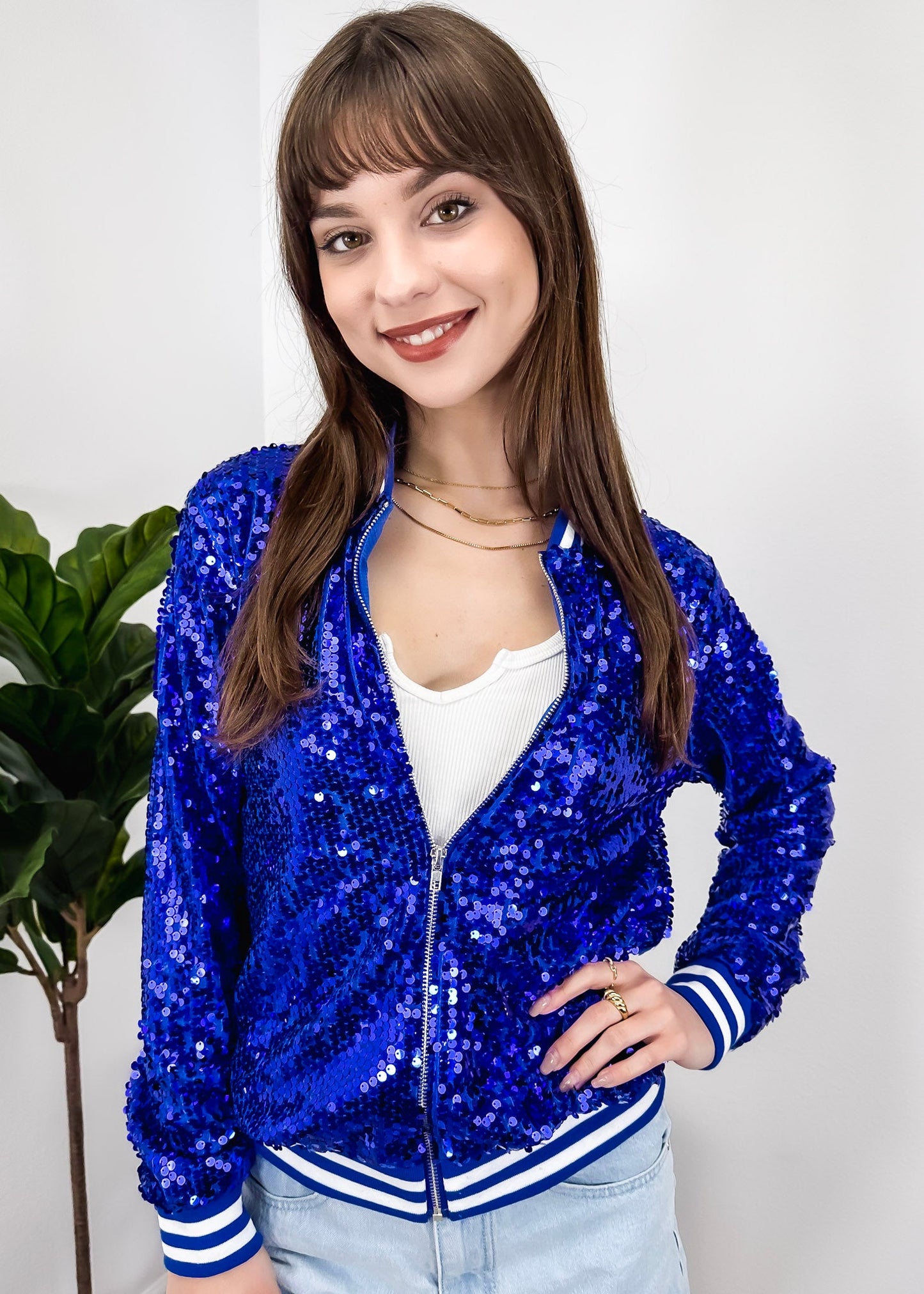 Striped Metallic Sequin Varsity Jacket